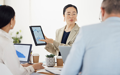 Image showing Tablet screen, data presentation and professional Asian woman show customer experience feedback, analytics or graph. Listen, project management or team leader with online statistics, insight or chart