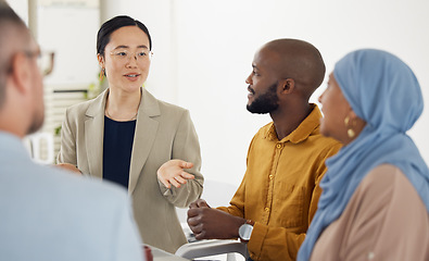 Image showing Collaboration, meeting and a designer team talking in the office while planning a creative project together. Teamwork, strategy and design with an artistic employee group chatting in the workplace