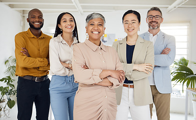 Image showing Portrait, management and arms crossed with a business team in the office for collaboration. Teamwork, diversity and leadership with a happy employee group together in their professional workplace