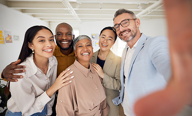 Image showing Portrait, selfie and group of business people smile in office for support, team building and trust. Diversity, happy employees and friends in profile picture about us on social media for startup blog