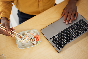 Image showing Hands, business man and sushi with laptop, scroll and eating at desk, top view and search in modern office. Employee, computer and chopsticks for seafood, lunch or fish plate for health in workplace