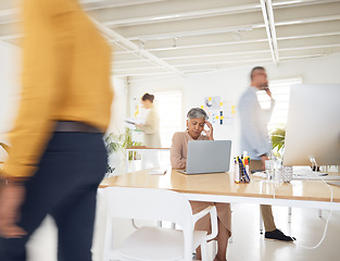 Image showing Stress, headache and senior woman with laptop in busy office with burnout, crisis or mistake. Anxiety, vertigo and female ceo with migraine, brain fog or frustrated by internet, glitch or 404, chaos