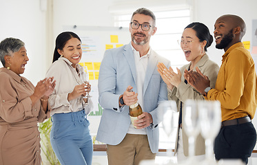 Image showing Surprise, champagne and party with business people in office for winner, celebration and support. Teamwork, target and friends with group of employees for community, achievement and congratulations