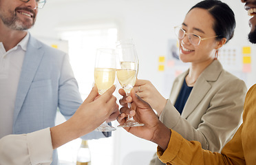 Image showing Toast, champagne and party with business people in office for winner, celebration and support. Teamwork, target and friends with employees and cheers for community, achievement and congratulations