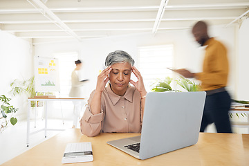 Image showing Headache, stress and senior woman with laptop in busy office with burnout, debt or tax mistake. Anxiety, budget and ceo with migraine, vertigo or brain fog, frustrated or glitch and audit crisis