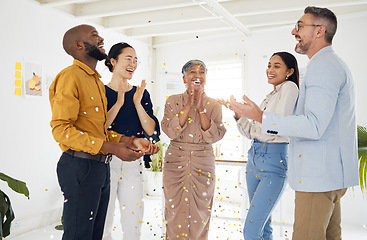 Image showing Winner, confetti and party with business people in office for success, celebration and support. Teamwork, target and friends with group of employees for community, achievement and congratulations