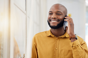Image showing Business, happy black man and phone call for communication, feedback and mobile chat in office. Employee, smile and talking on smartphone for contact, consulting or thinking of conversation at window