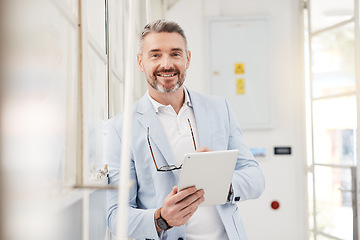 Image showing Tablet, online and portrait of businessman search information on the internet for company growth and planning on an app. Web, glasses and entrepreneur or person with email and working on schedule