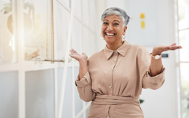 Image showing Excited, portrait and a mature woman at work say hello with confidence in professional career. Happy, business and manager or company ceo with a gesture for office management or working at an agency