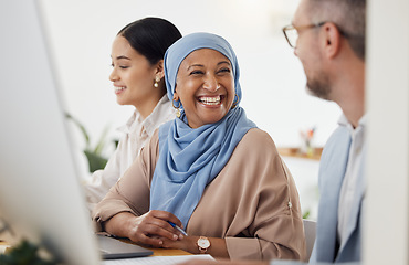 Image showing Happy, teamwork and business people in office for training, advice and collaboration while working on a computer. Smile, laugh and Muslim senior woman mentor laugh with work friend while planning