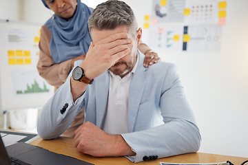 Image showing Depression, stress and a business man with empathy, support and help in office. Burnout, fired and entrepreneur person with headache, bad news or dismissal with comforting hand of friend on shoulder