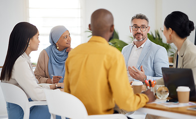 Image showing Ceo, planning and teamwork with business people in meeting for brainstorming, project management and partnership. Strategy, collaboration and solution with employees in office for client proposal