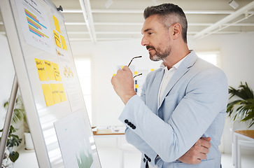 Image showing Planning, thinking and business man in office with vision board, graph and financial, budget or growth development. Idea, strategy and male manager brainstorming, solution or kpi, problem solving