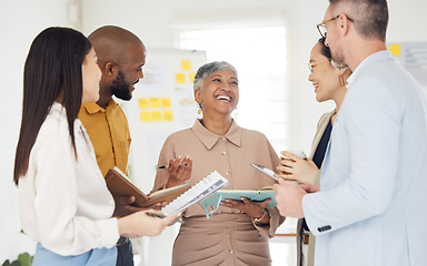 Image showing Tablet, collaboration and documents with a business team laughing in the office during a meeting. Technology, paper and funny with a manager talking to an employee group in a professional workplace