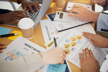 Image showing Hands, documents for a brand or product and business people in the office for planning closeup. Strategy, teamwork or collaboration with an employee team working together for marketing or advertising