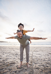 Image showing Beach, airplane and portrait of father with girl child in nature playing, games or bond on vacation together. Flying, smile and kid with parent at the sea for travel, piggyback and fun on sunset trip