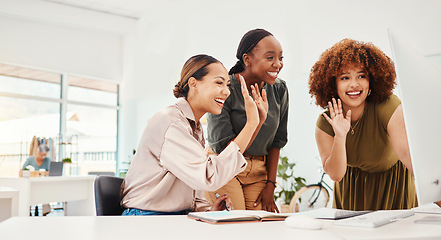 Image showing Happy creative women, video call and meeting on computer in online collaboration or greeting at office. Group of female employees wave in hello, virtual communication or networking in startup at work