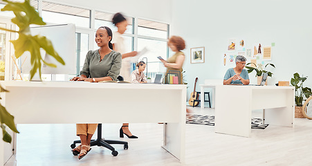 Image showing Happy, coworking speed and a busy office of women for business, corporate career and staff. Smile, diversity and a fast group of employees in the workplace with motion at a company in the workforce