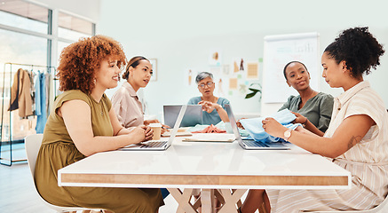 Image showing Creative women, meeting and team, fashion and design, brainstorming and diversity at startup. Communication, conference room and collaboration, research ideas, seamstress and designer with strategy