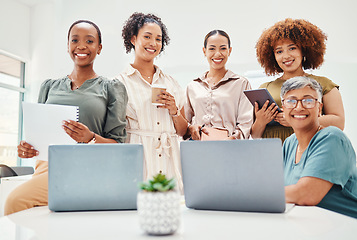 Image showing Happy, portrait and women in a business meeting for planning, teamwork or collaboration. Smile, working and diversity of group of people in an office for strategy, partnership and career together