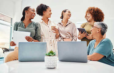 Image showing Creative women, meeting and teamwork, laptop and laughter, brainstorming and diversity at startup. Communication, comedy and collaboration, research and ideas with discussion and business strategy