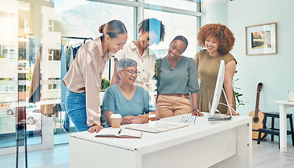 Image showing Fashion, designer and group of women on sketch, book or clothes illustration in startup office. Tailor teamwork, collaboration or creative people drawing in training, coaching and happy mature mentor