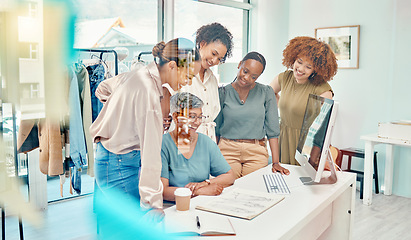 Image showing Fashion, designer and teamwork of women on sketch, book or clothes illustration in startup office. Tailor group, collaboration or creative people drawing in training, coaching and happy mature mentor