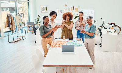 Image showing Success, happy people or clapping in meeting for fashion design bonus, bonus or achievement. Applause, proud or designers in celebration of teamwork, goal target or promotion on video call or laptop