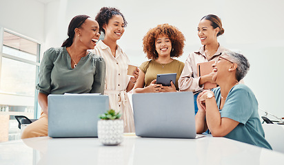 Image showing Laughing, teamwork or women talking for fashion design planning or online draft for small business clothing line. Happy people, collaboration or designer speaking to funny mature mentor in internship