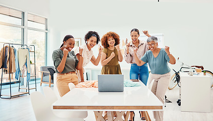 Image showing Success, laptop or happy people in celebration of fashion design victory or winning group achievement. Online sale, wow or excited designers cheering for teamwork, goal target or bonus promotion deal