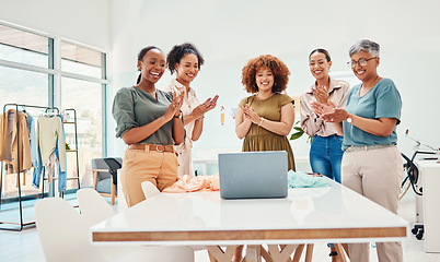 Image showing Success, happy people or applause in meeting for fashion design bonus, growth or achievement. Laptop, proud or designers clapping hands in celebration of teamwork, goal target or promotion in startup