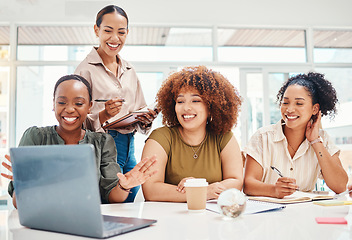 Image showing Business women, computer and team planning, collaboration and happy presentation in marketing meeting. Professional people, creative agency or group on laptop, writing in notebook or project teamwork