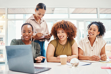 Image showing Business people, computer and team planning, collaboration and happy presentation in marketing meeting. Professional women, creative agency or group on laptop, writing in notebook or project teamwork