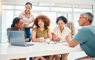 Image showing Fashion, designer and teamwork of women on laptop, planning and brainstorming in startup office. Tailor group, collaboration and computer of creative people in meeting, discussion or mentor coaching