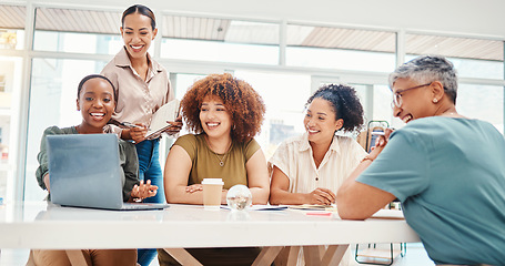 Image showing Business women, laptop and team planning, collaboration and happy presentation for marketing meeting. Professional people, creative agency or group on computer web design, teamwork and online project