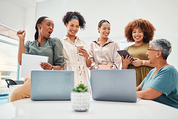 Image showing Laptop, meeting and business women in office in discussion for teamwork brainstorming. Collaboration, planning and professional female people with technology for creative website launch in workplace.