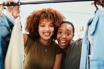 Image showing Friends, portrait or fashion with women in store excited by products on promotion, sale or discount. Clothing rack, smile or crazy faces of happy people in boutique for clothes deal or retail offer