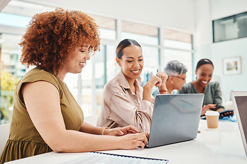 Image showing Designer, fashion and team of women on laptop, planning and brainstorming in startup office. Tailor smile, collaboration and computer of creative people in meeting, internet email or research project