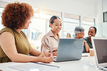 Image showing Creative women, meeting and team, laptop and digital marketing with brainstorming at startup. Communication, connection and collaboration, research and ideas with discussion and business strategy