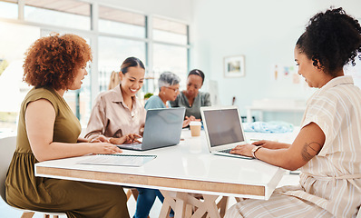 Image showing Fashion, designer and group of women on laptop, planning or brainstorming project in startup office. Tailor teamwork, collaboration and computer of creative people in meeting, typing email and happy