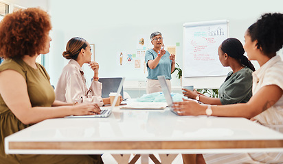 Image showing Creative woman, fashion designer and coaching in meeting, presentation or team strategy at office. Mature female person, mentor or manager training staff in clothing design, ideas or plan for startup