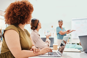 Image showing Creative woman, fashion design and coaching in meeting, presentation or team strategy at office. Happy female person, mentor or manager training staff in clothing design, ideas or plan for startup