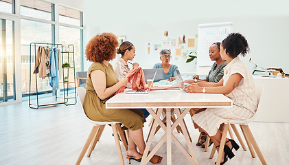 Image showing Creative women, meeting and teamwork, fashion and design, brainstorming and plan at startup. Communication, conference room and collaboration, research ideas, seamstress and designer with strategy