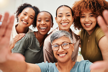 Image showing Selfie, office or portrait of women taking a picture together for teamwork on workplace break. Fashion designers, faces or excited group of happy employees in a photograph for a social media memory