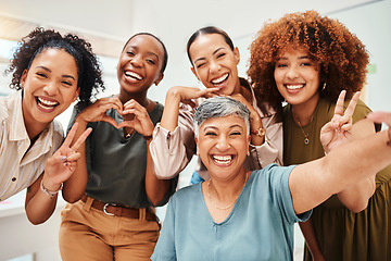 Image showing Selfie, office or funny women taking a photograph together for teamwork on workplace break. Fashion designers, portrait or excited group of happy people laughing in picture for a social media memory