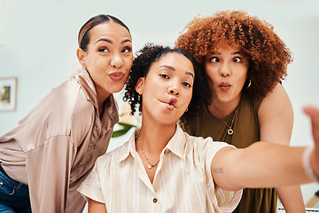 Image showing Selfie, office or funny friends taking a photograph together for teamwork on workplace break. Fashion designers, crazy faces or excited group of happy people in a picture for a social media memory