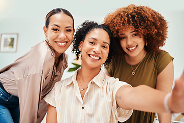 Image showing Selfie, fashion designer or portrait of women taking a photograph together for teamwork on break. Workplace, smile or excited group of happy employees in a picture for a social media memory or post