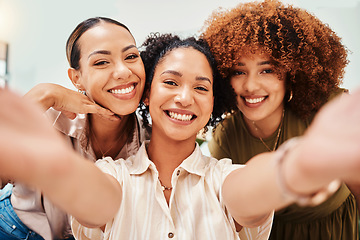 Image showing Selfie, office or portrait of women taking a photograph together for teamwork on workplace break. Fashion designers, smile or excited group of happy friends in a picture for a social media memory