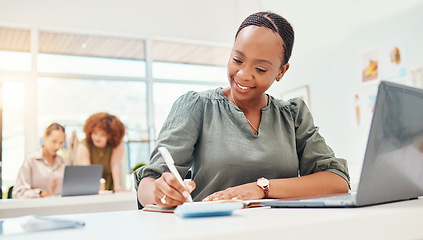 Image showing Business woman, writing and planning in notebook of marketing ideas, copywriting or project goals at desk. Professional worker, african writer or editor with creative notes, brainstorming or reminder