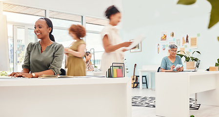 Image showing Busy office, fast coworking and women in fashion for work in retail or creative industry. Team, business and diversity speed at a company with employees or female designers in a workspace for design